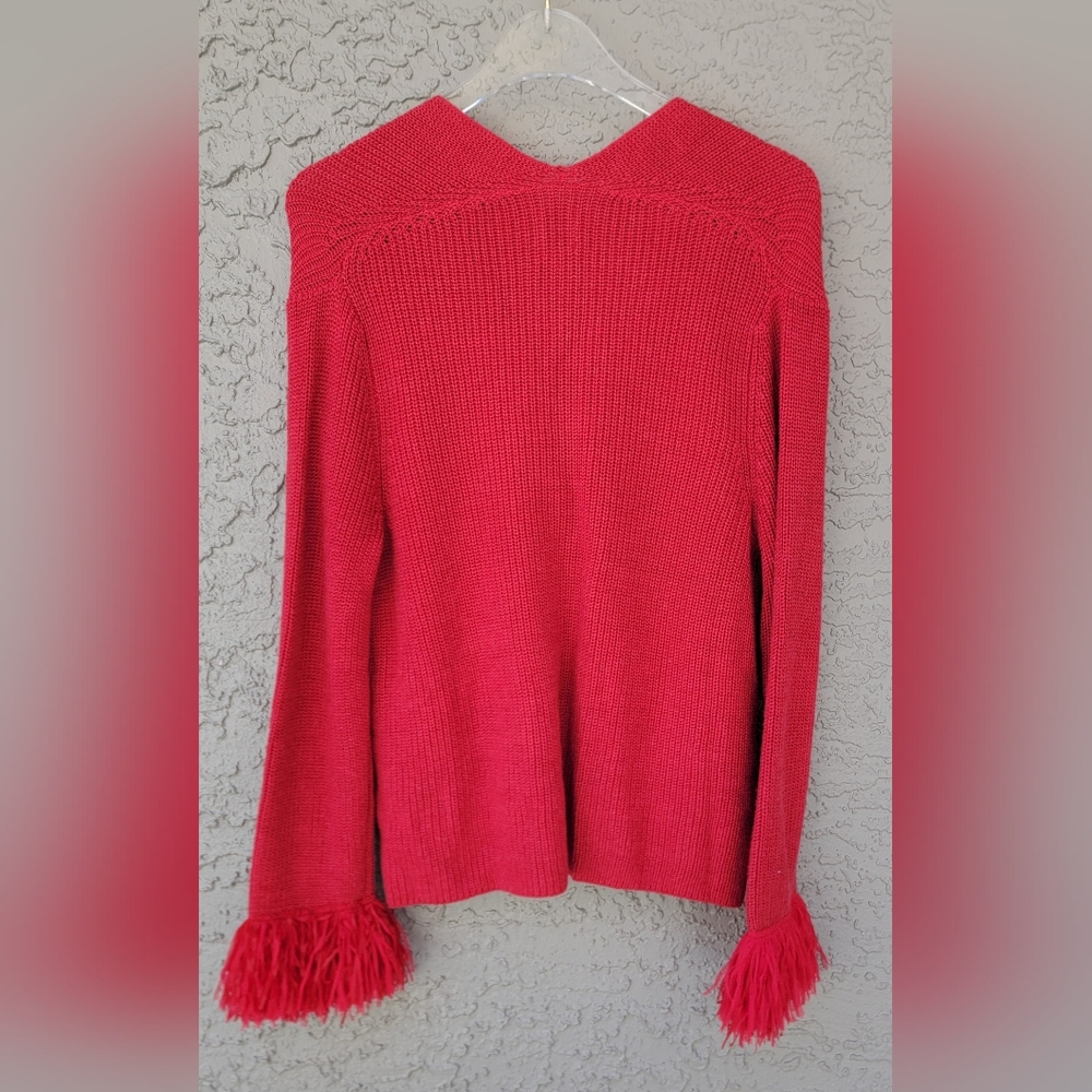 Nic+Zoe Deep Red Knit Cardigan M Tulle Fringe Cuffs Pearl Buttons Statement - Picture 11 of 13